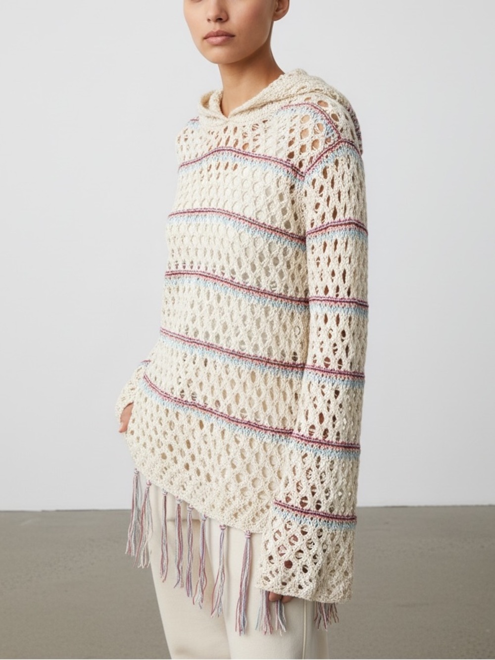 Poof! Open-Knit Hooded Fringe Sweater